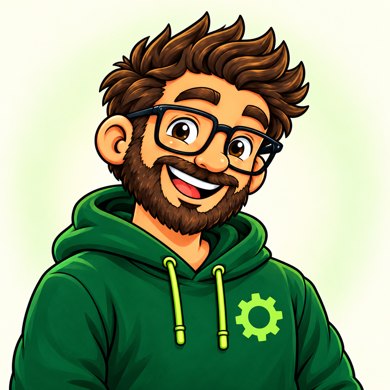 Doodle Don, smiling in his green hoodie and black glasses