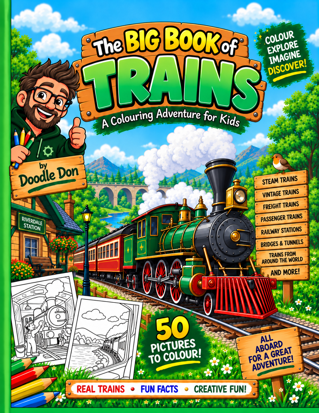 The Big Book of Trains by Doodle Don — a bright green steam train on the cover